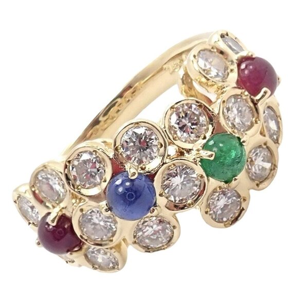 Rare! Authentic Christian Dior 18k Yellow Gold Ruby Emerald Diamond Flower Ring - Picture 1 of 12